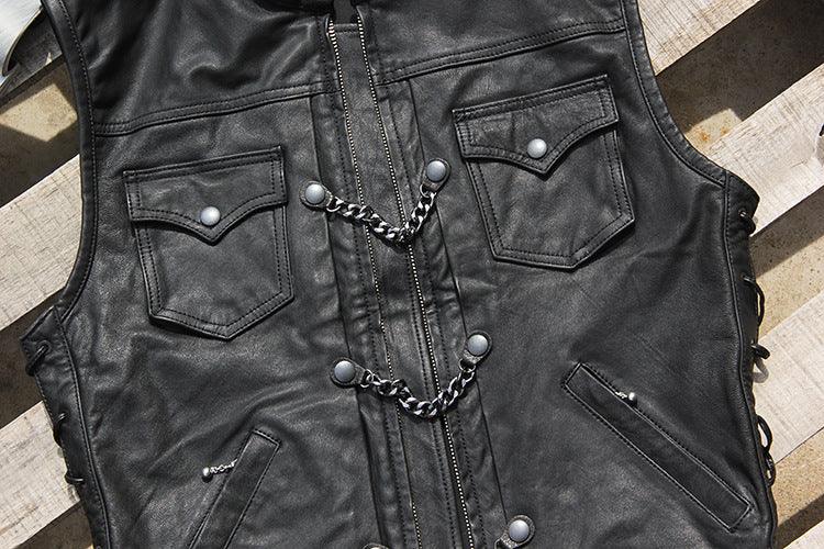 Black chain front motorcycle leather vest for men