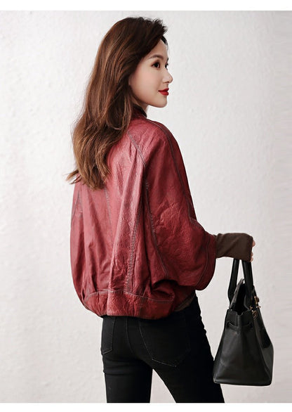 Retro distressed leather bomber jacket women