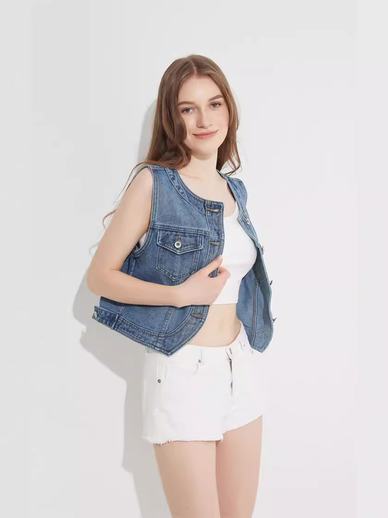 Flap Pocket Button Front Vest Denim Jacket