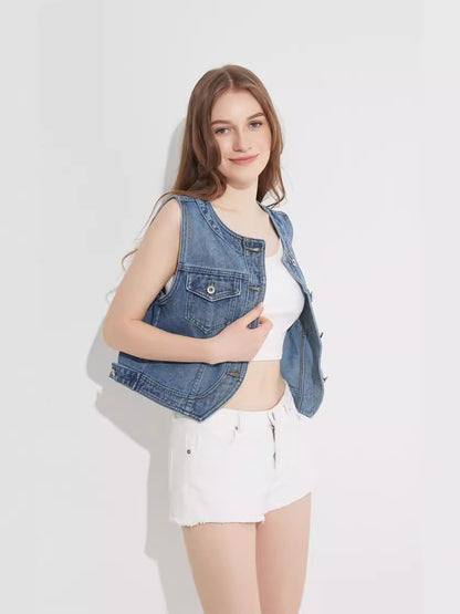 Flap Pocket Button Front Vest Denim Jacket