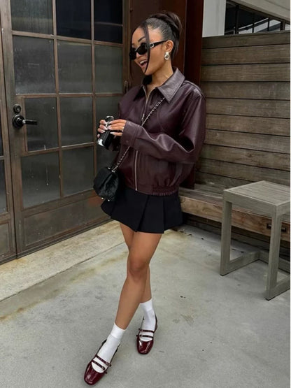 Women Faux Leather Wide Lapel Bomber Jacket