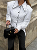 Women’s Pinstripe Waist Tie Shirt with Pointed Collar and Black Trim