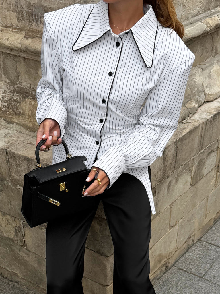 Women’s Pinstripe Waist Tie Shirt with Pointed Collar and Black Trim