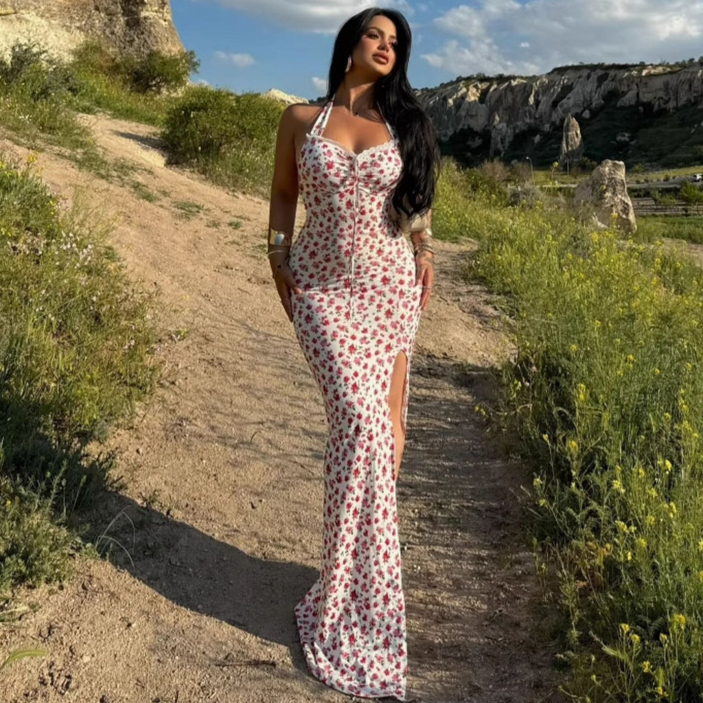 Ruched Side Slit Midi Maxi Dress Boho Summer Floral with Slit