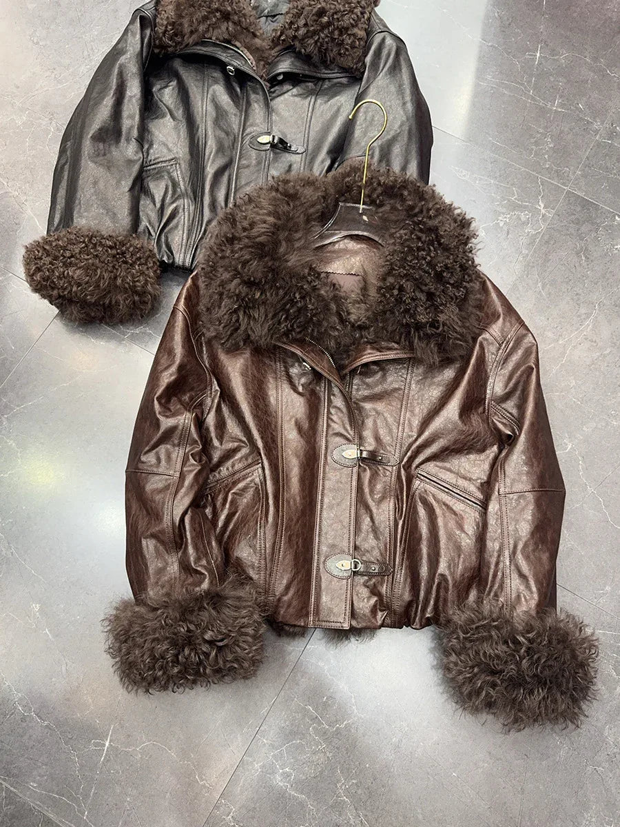 Genuine sheepskin leather jacket with fur collar