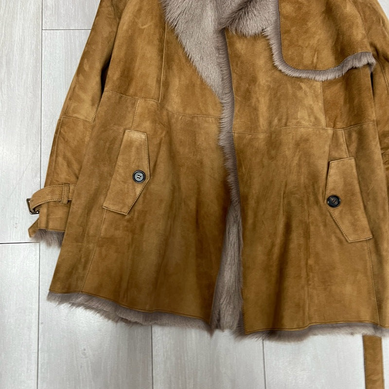 Women Brown Suede Jacket with Sheepskin Collar