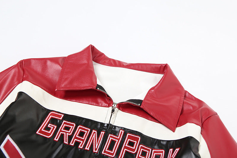 Red Faux Leather Bomber Jacket Women Moto Style
