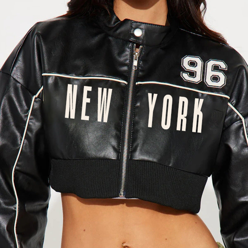 Cropped Faux Leather Jacket Women Moto Bomber Style