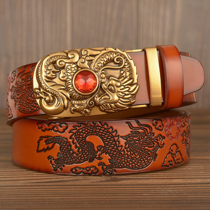 Men Western Dragon Buckle Genuine Leather Belt