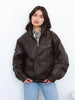 Oversized Brown PU Leather Biker Jacket Double Collar Motorcycle
