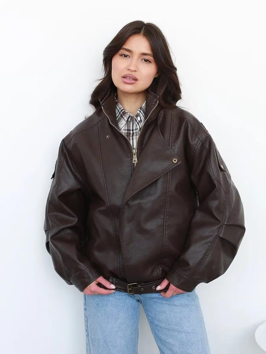 Oversized Brown PU Leather Biker Jacket Double Collar Motorcycle