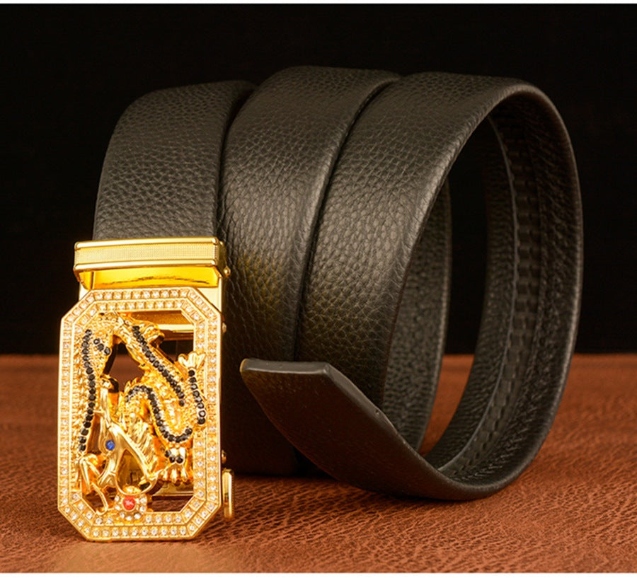 Men’s Cowhide Leather Belt with Rhinestone Dragon Buckle