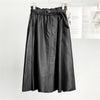 High Waist Black Leather Midi Skirt with Belt Pleated Design