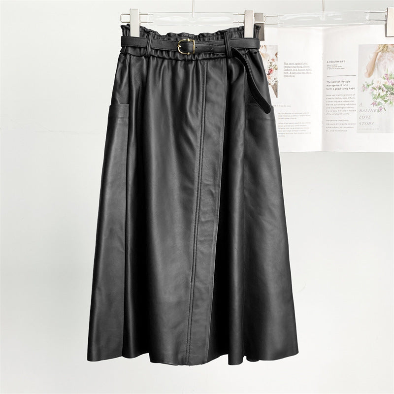 High Waist Black Leather Midi Skirt with Belt Pleated Design