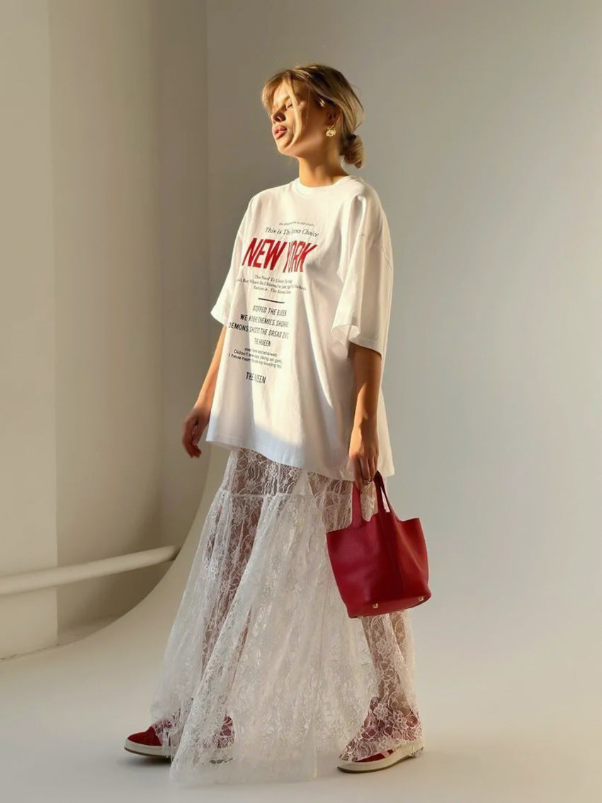 Women’s White Lace High Waist Midi Skirt