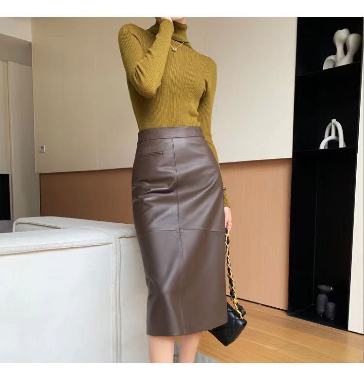 High waisted genuine leather midi skirt