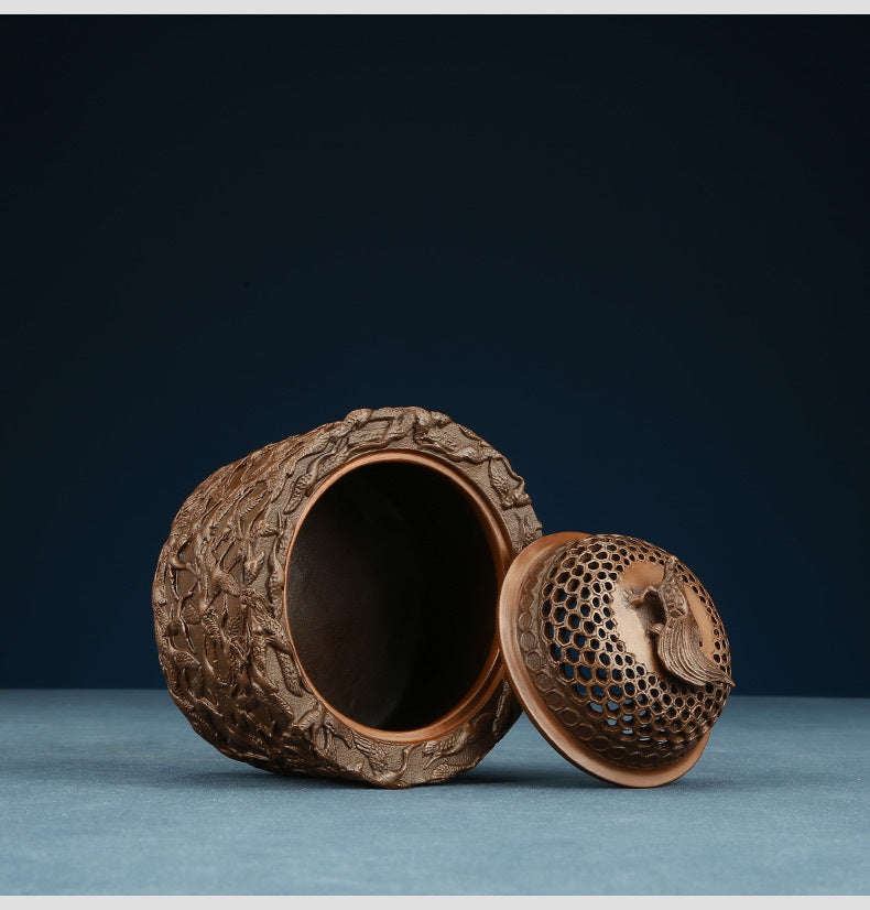 Copper Incense Burner with Crane Design and Decorative Pierced Lid