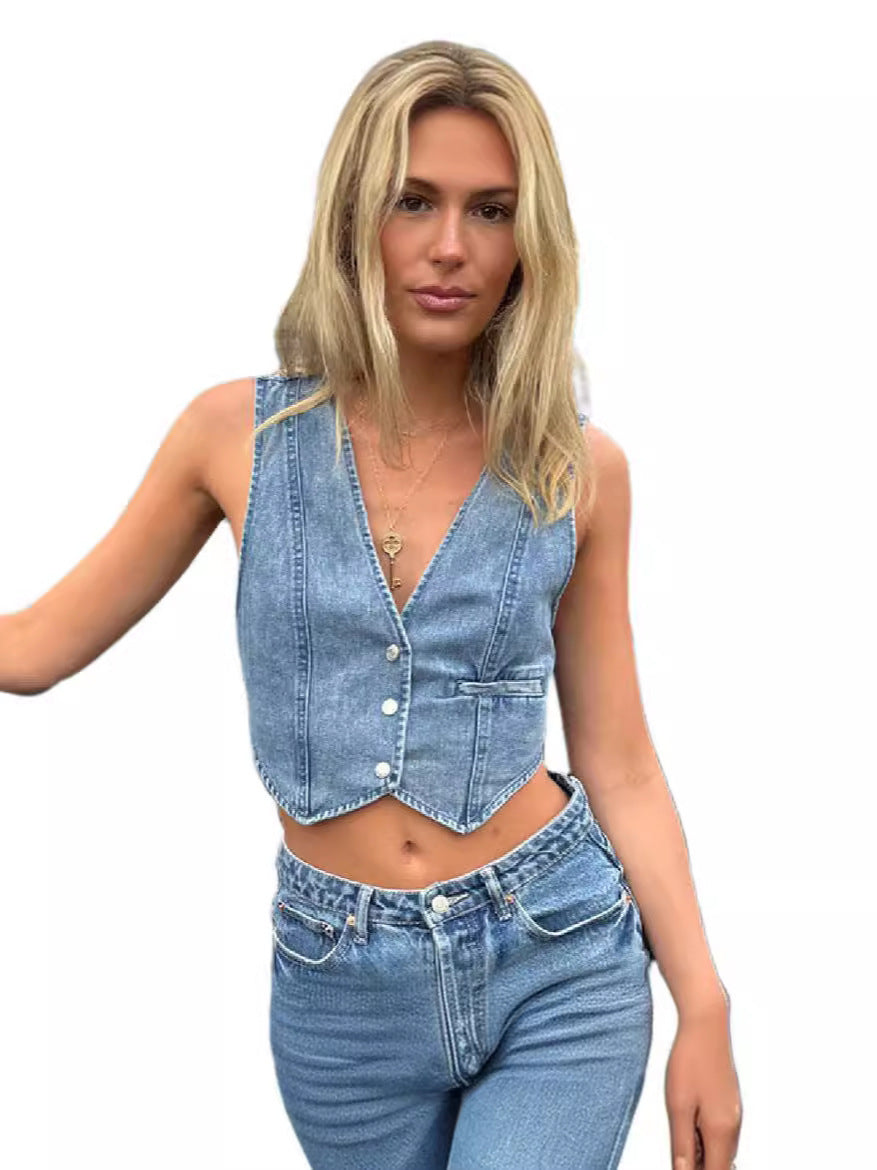 Women's Denim Vest Top With Front Buttons