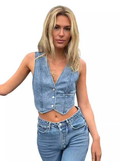 Women's Denim Vest Top With Front Buttons