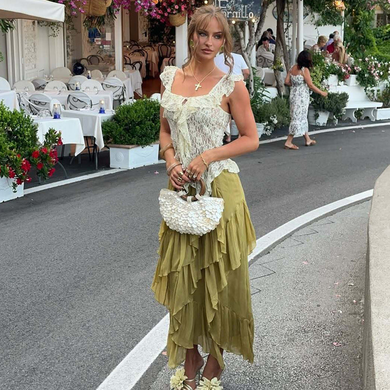 Lace-Up One Shoulder Top for Women Ruffle Ribbon Blouse