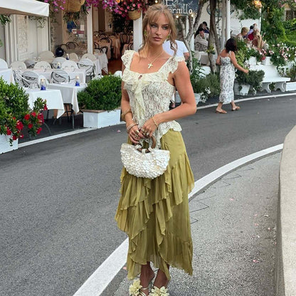 Lace-Up One Shoulder Top for Women Ruffle Ribbon Blouse