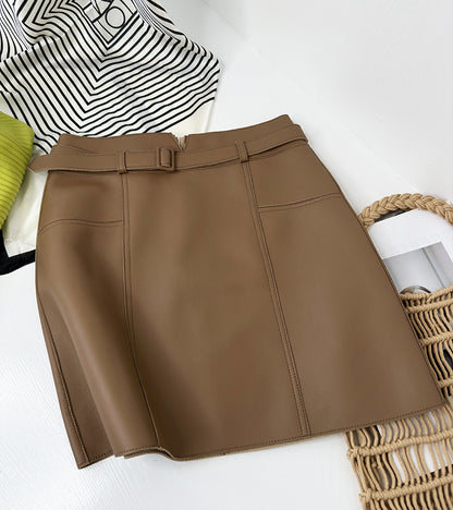 Genuine Leather A-Line Mini Skirt With Belt