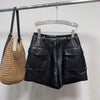 High Waisted Black Genuine Leather Shorts with Front Pockets
