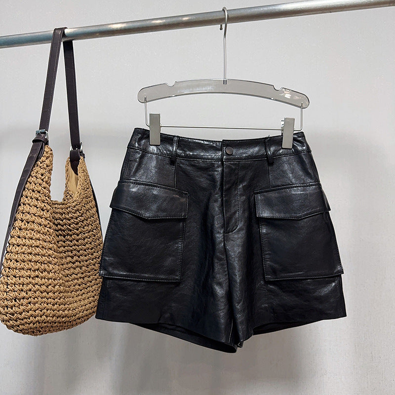 High Waisted Black Genuine Leather Shorts with Front Pockets