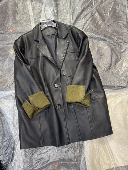 Women Leather Jacket Mid-Length Blazer with Suede Cuffs