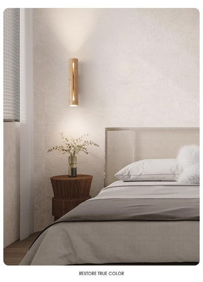 Travertine Wall Light Natural Stone and Walnut Wood Sconce
