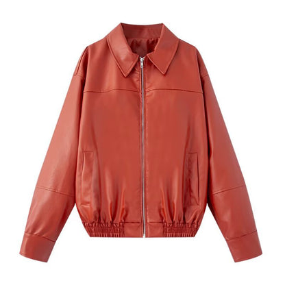 Women Faux Leather Bomber Jacket with Zipper Front