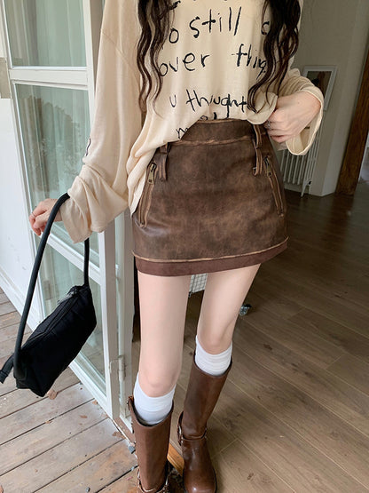 Women Brown PU High Waisted Leather Mini Skirt