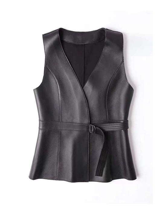 Women leather Vest with Belt Slim Waist Biker Style