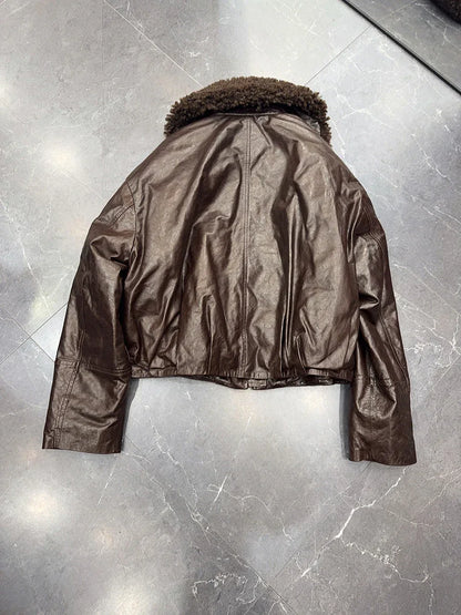 Genuine leather women bomber jacket with fur collar