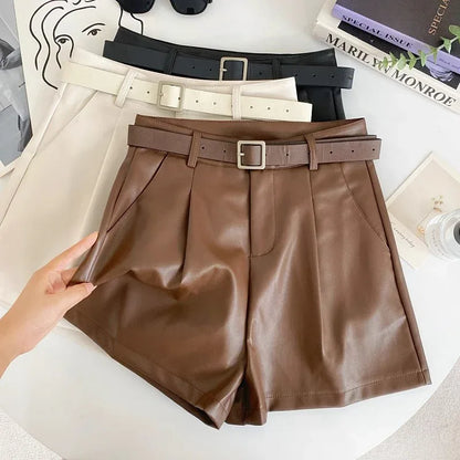 High waist faux leather belted shorts
