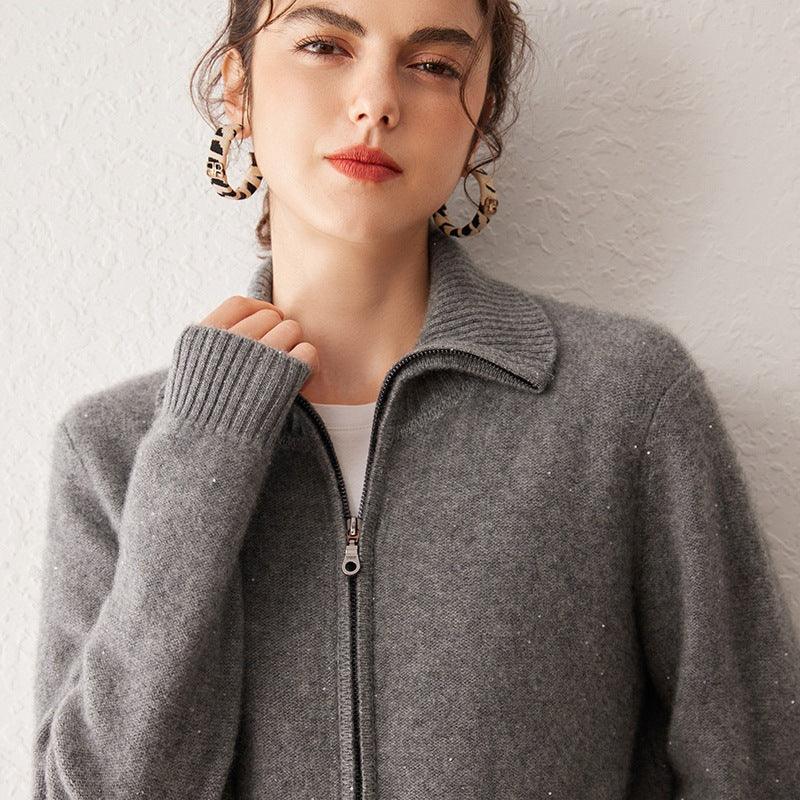Women’s 100% Pure Cashmere Lapel Zip Cardigan