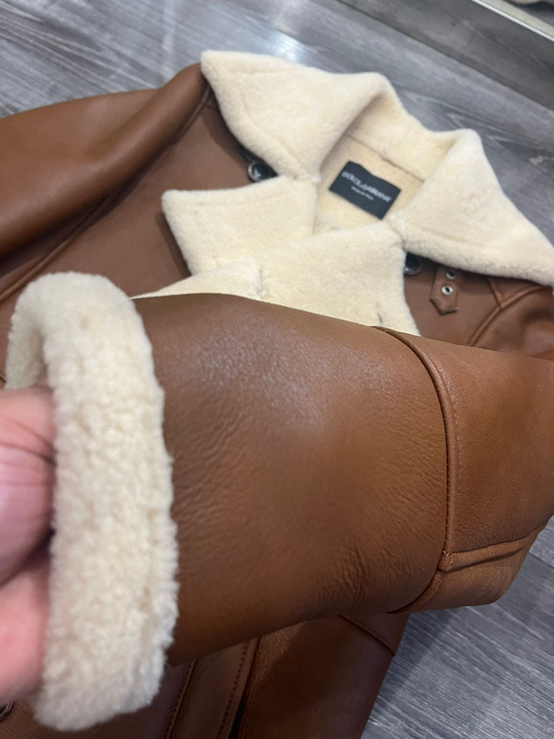 Men’s Genuine Shearling Leather Coat Brown Merino Wool