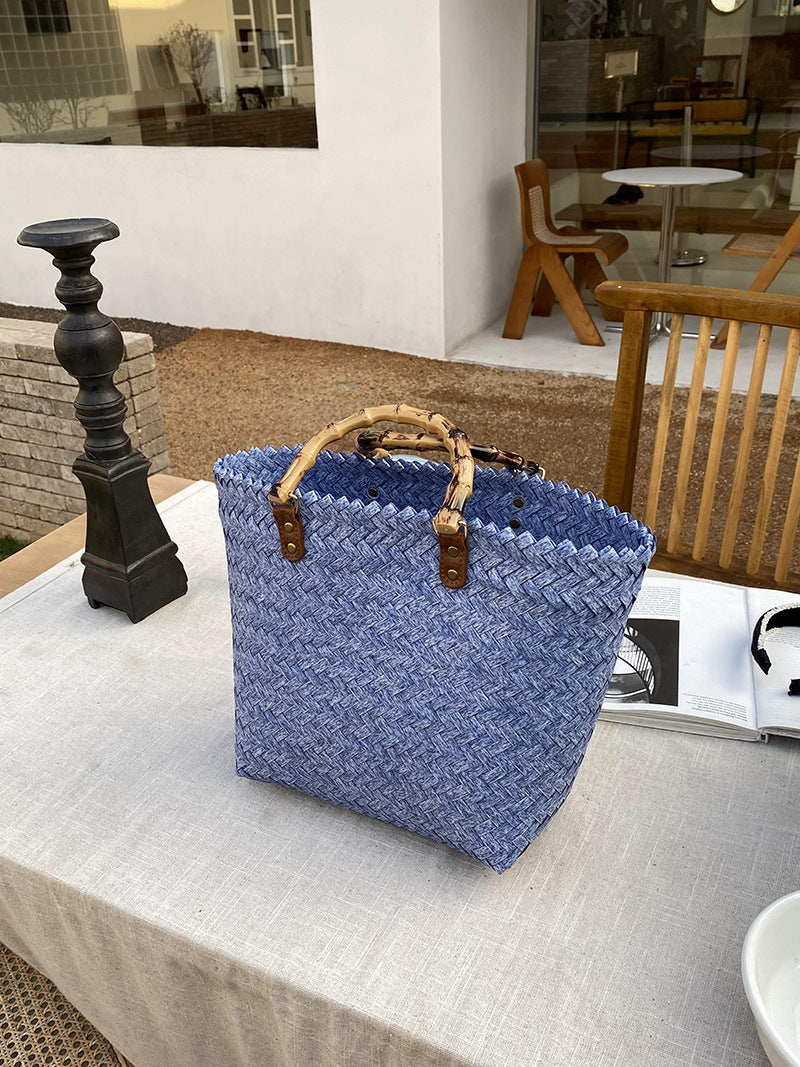 Woven Summer Tote Bag With Bamboo Handle