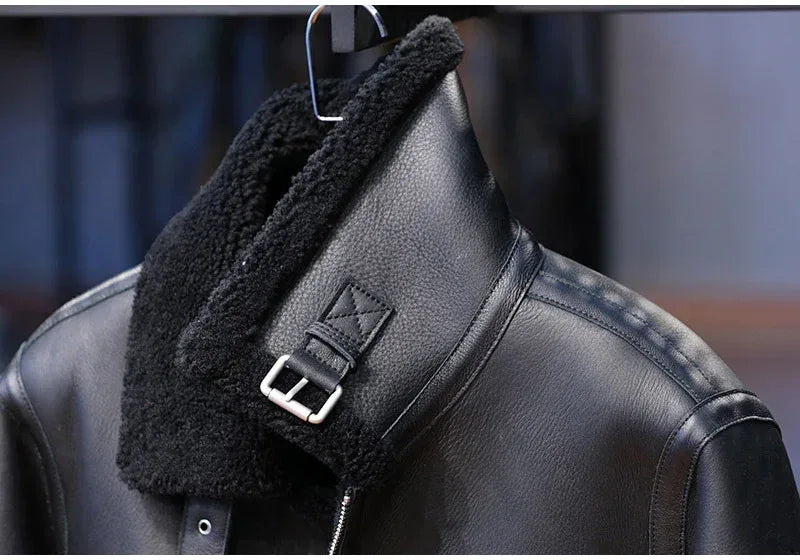 Men Real Sheepskin Shearling Fur Flight Bomber Jacket
