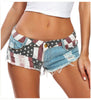 Low rise denim shorts with flag print and frayed hem