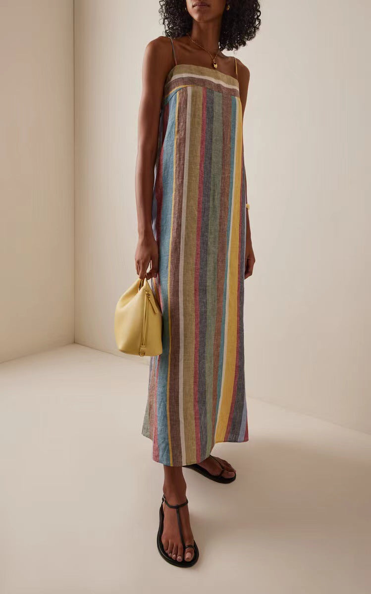 Multicolor Vertical-Striped Square-Neck Loose-Fit Shift Midi Dress