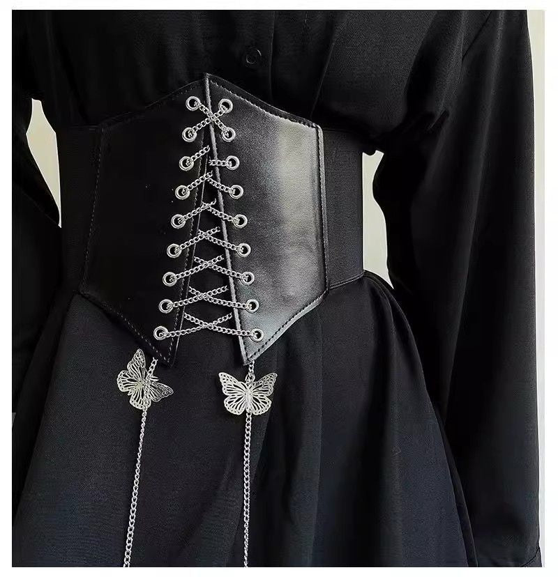 Black Butterfly Chain Faux Leather Elastic Waist Belt
