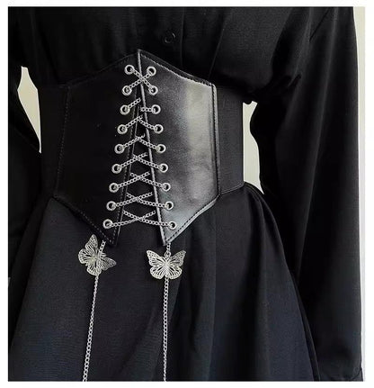 Black Butterfly Chain Faux Leather Elastic Waist Belt