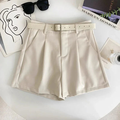 High waist faux leather belted shorts White S