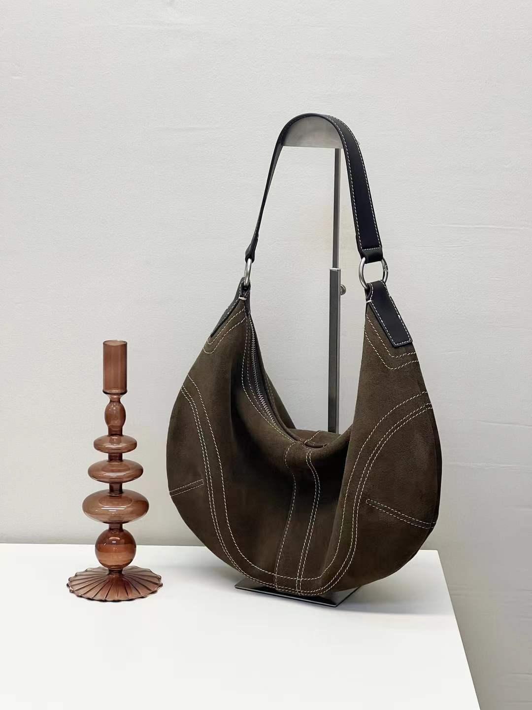 Suede Leather Underarm Crescent Shoulder Bag