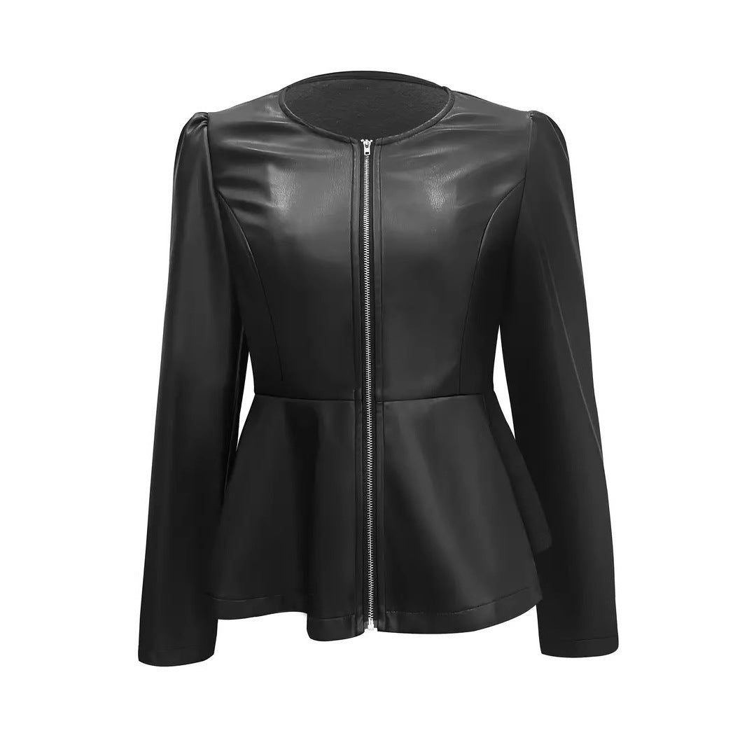 Black Faux Leather Peplum Jacket for Women