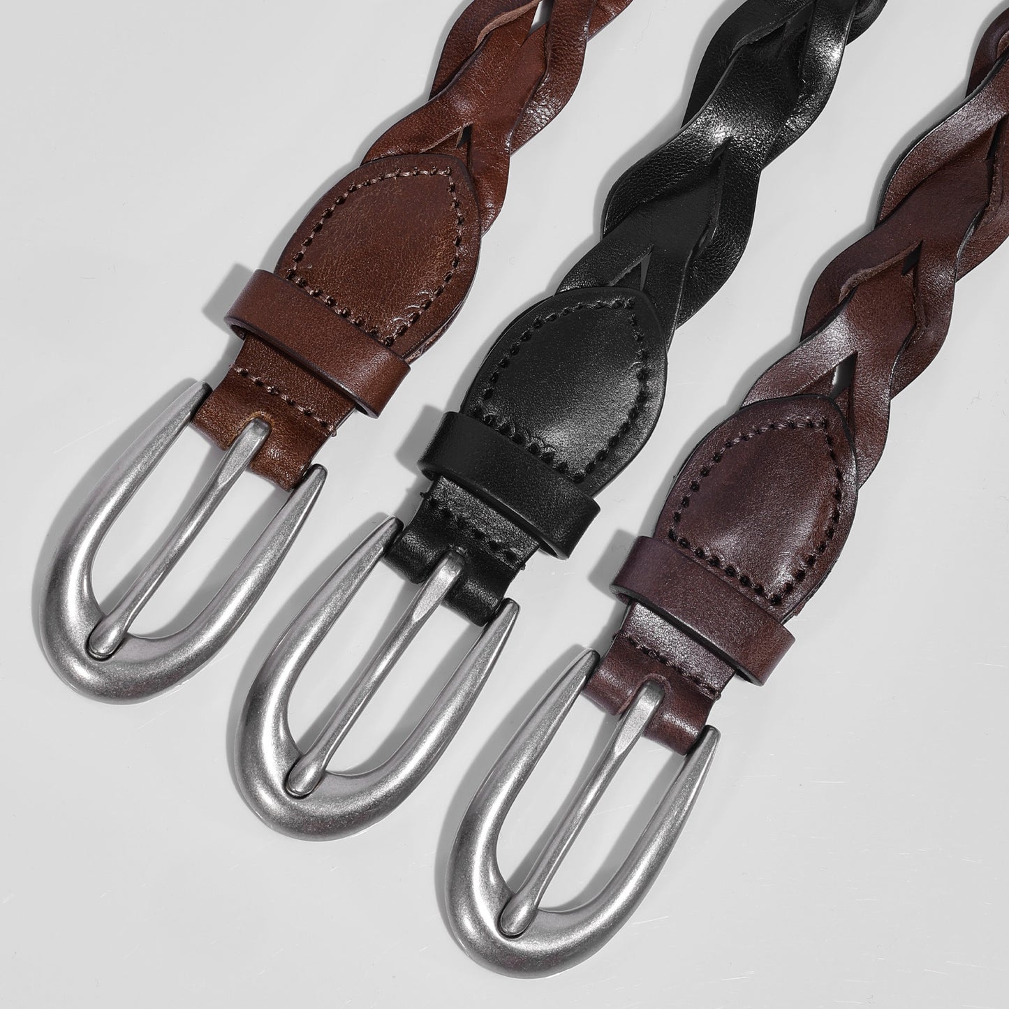 Braided genuine leather belt with silver buckle