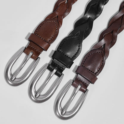 Braided genuine leather belt with silver buckle