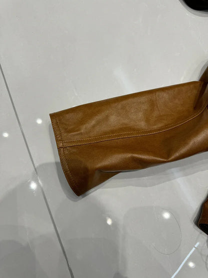 women leather jacket with round neck snap buttons
