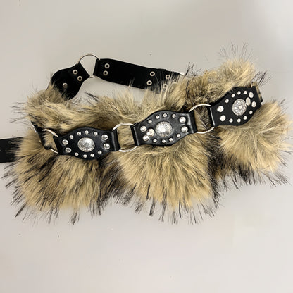 Punk western fur rivet belt women plush waist chain